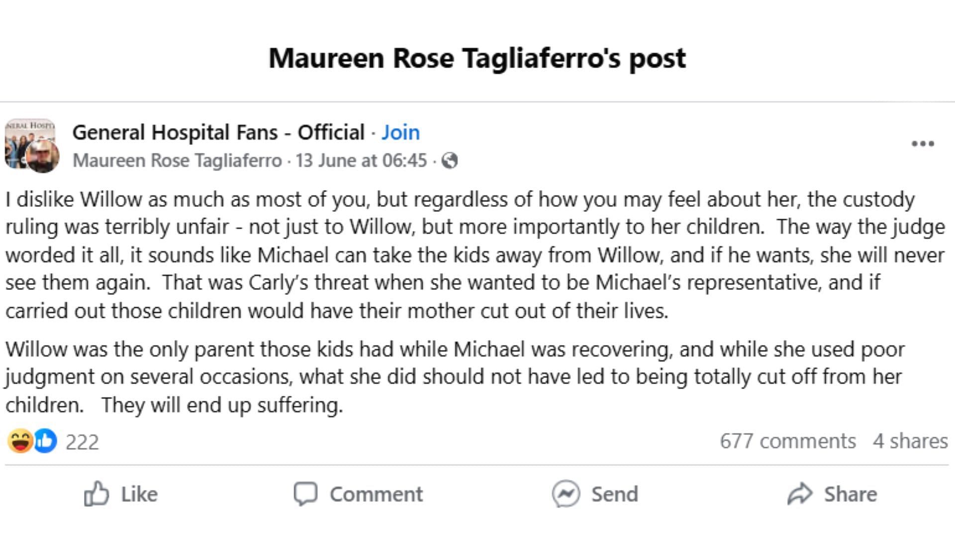 The Original Post by the fan (Image via Facebook/ @Maureen Rose Tagliaferro)